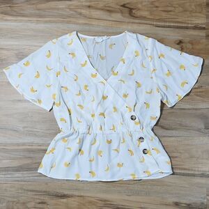 ☔️🔹️Pink Rose Ivory Banana Print Flutter Sleeve Peplum Top Small